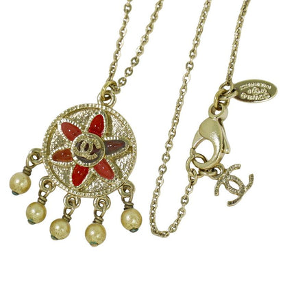 Authentic Chanel Coco Mark Flower Faux Pearl Necklace Pendant GP Gold Plated