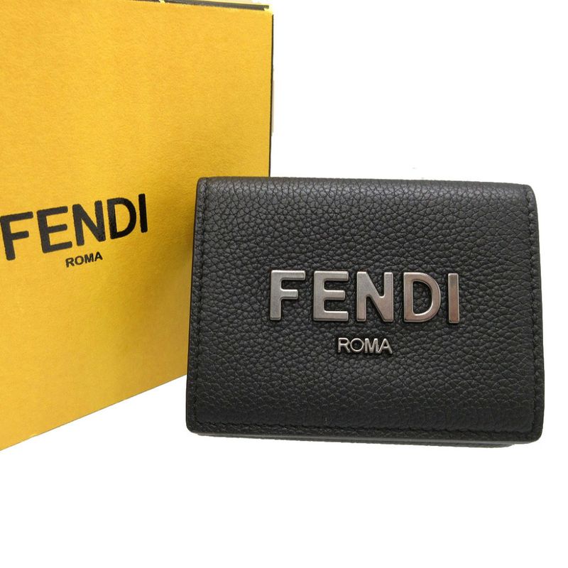 Fendi 7m0280 Signature Logo Leather Black Compact Wallet Trifold Wallet 1266-8