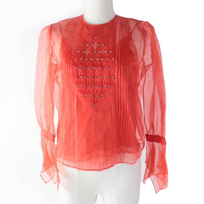Gucci 2020 633322 100% Silk Sheer Long Sleeve Blouse Top With Rhinestones Red