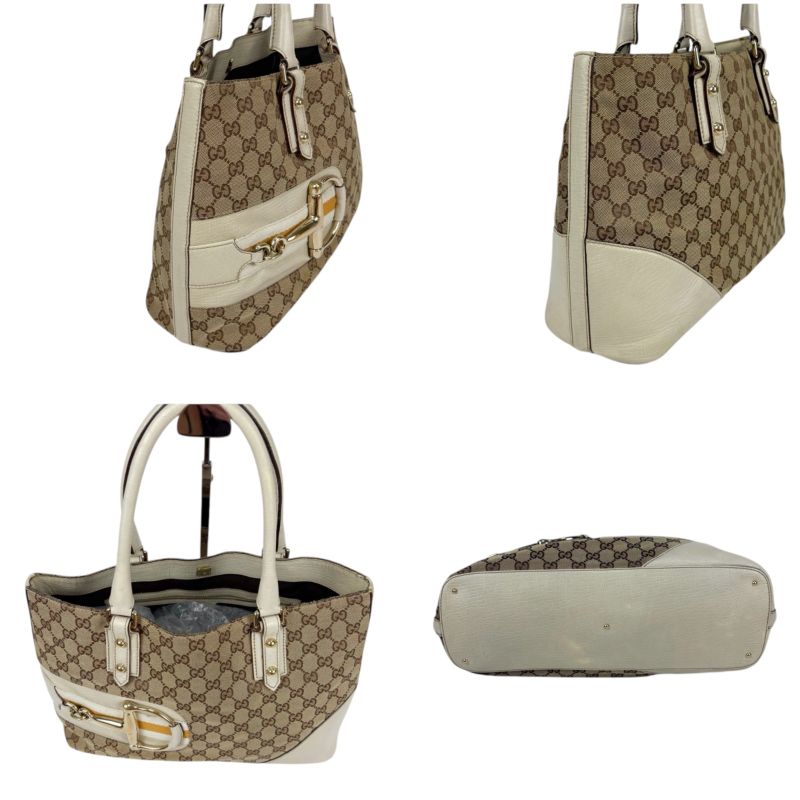 Gucci Hustler Bit Tote Bag GG Canvas Leather Brown White Horsebit Hardware