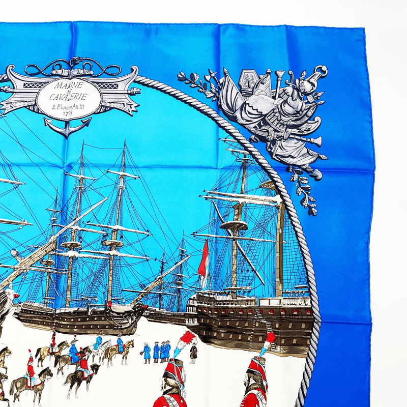 Grade Hermes Carre 90 Marine ET Cavalerie Sea And Cavalry Blue 100% Silk Scarf