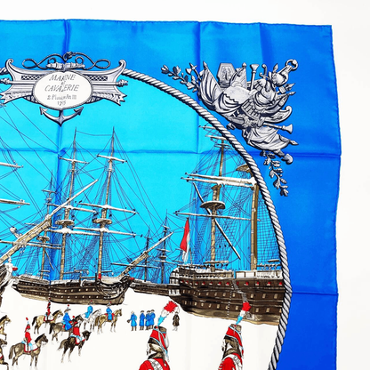 Grade Hermes Carre 90 Marine ET Cavalerie Sea And Cavalry Blue 100% Silk Scarf