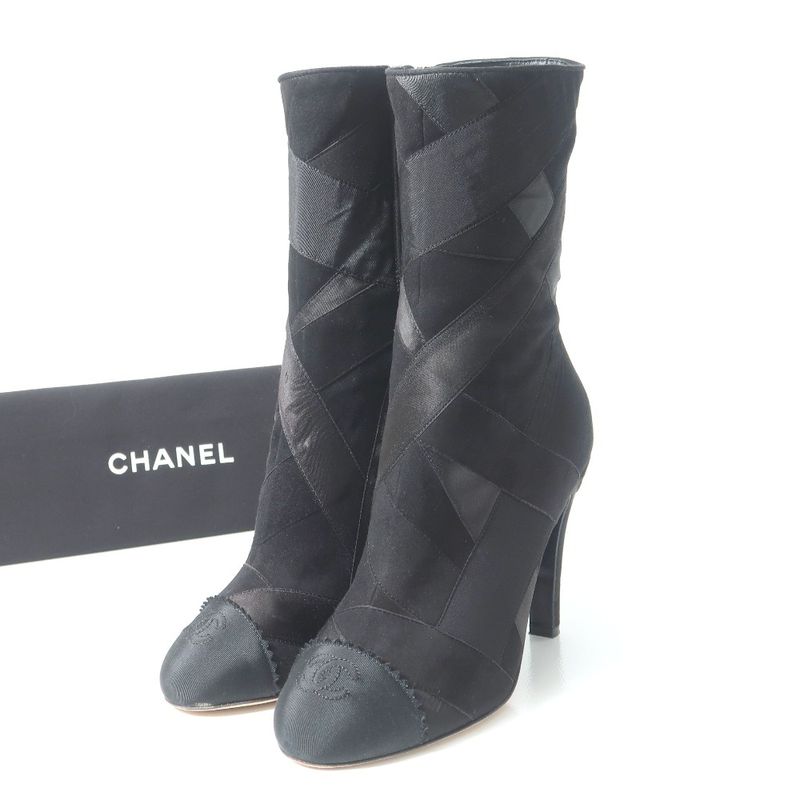 Chanel Boots Size 37 1 2 C Coco Mark Different Material Side Zip Pin Heel Midi