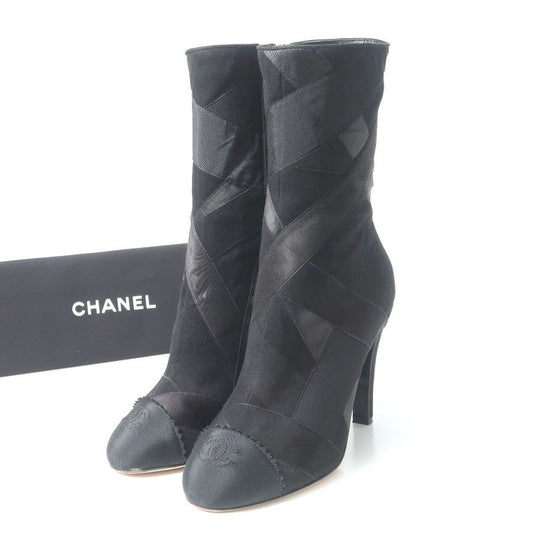 Chanel Boots Size 37 1 2 C Coco Mark Different Material Side Zip Pin Heel Midi