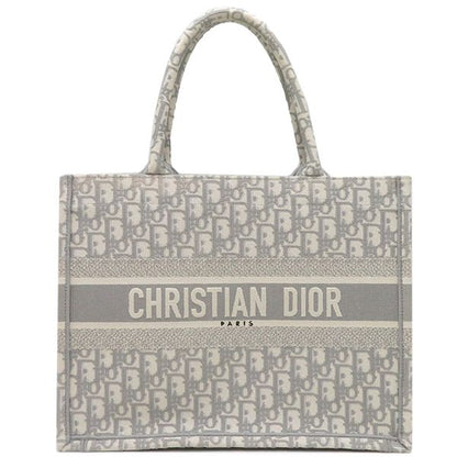 Christian Dior Tote Bag Book Tote Medium Canvas Gray Handbag Embroidery Oblique