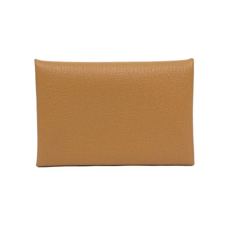 Hermes Calvi Sesame Brown Chevre B Engraved Silver Hardware Card Holder
