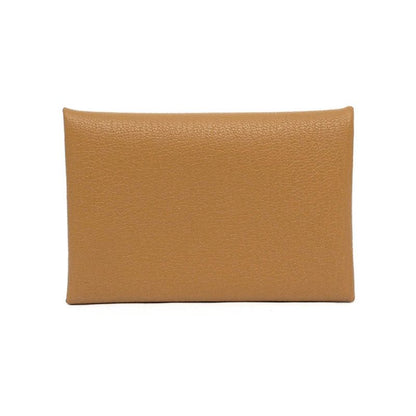 Hermes Calvi Sesame Brown Chevre B Engraved Silver Hardware Card Holder