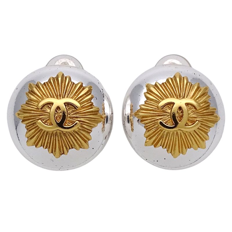 Chanel Earrings Ladies Brand Coco Mark Metal GP Silver Gold Round Vintage