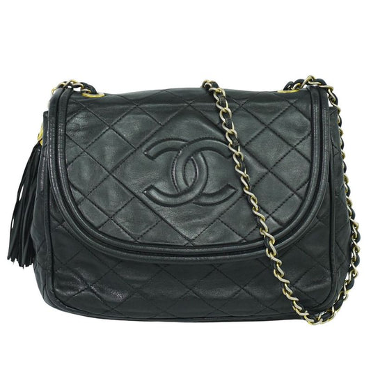 Authentic Chanel Coco Mark Matelasse Tassel Chain Shoulder Bag Leather Black