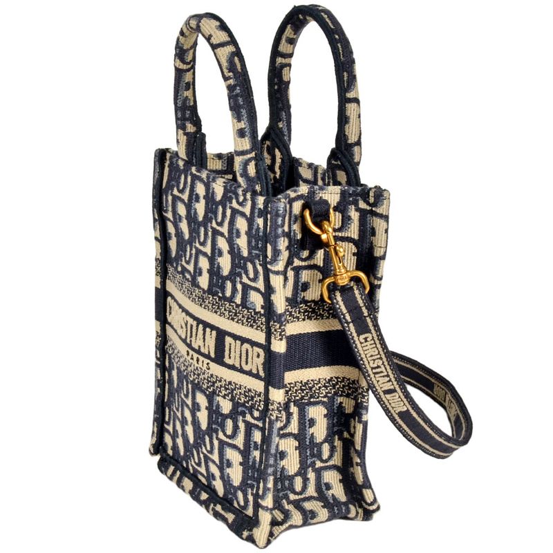 Dior Book Tote Mini Vertical Handbag 2WAY Canvas Blue With Shoulder Strap