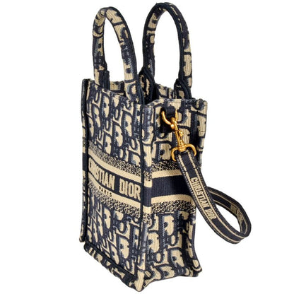 Dior Book Tote Mini Vertical Handbag 2WAY Canvas Blue With Shoulder Strap