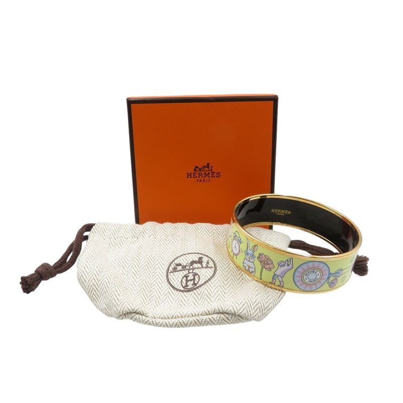 Hermes Emile GM Bracelet Tea For Two Cloisonne Metal Yellow Bangle 0242 Hermes