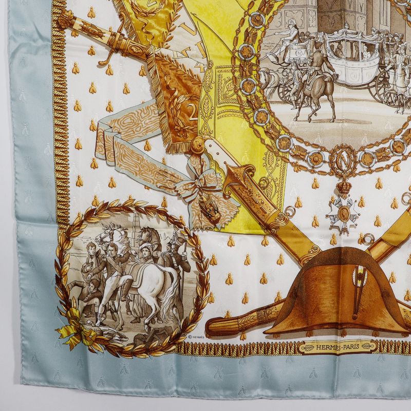 Hermes Carre 90 Napoleon Bee Silk Light Blue Women's Scarf