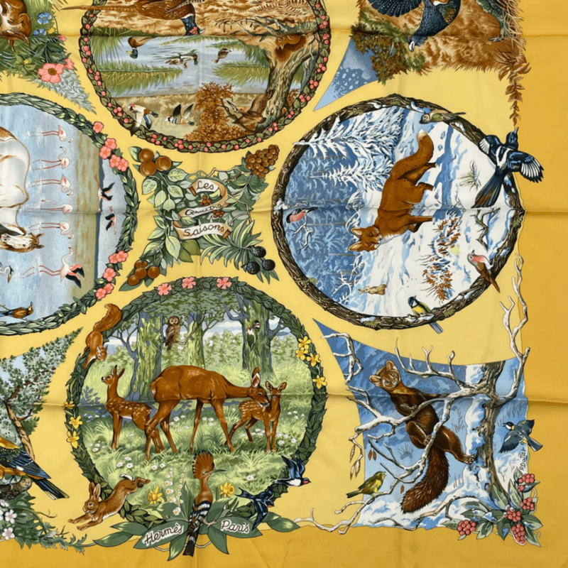 Hermes Carre 90 Les Quatre Saisons Four Seasons Silk Scarf Yellow