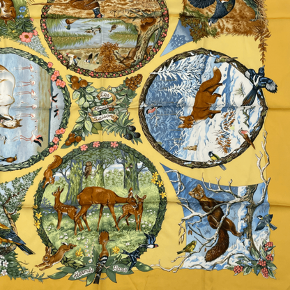 Hermes Carre 90 Les Quatre Saisons Four Seasons Silk Scarf Yellow