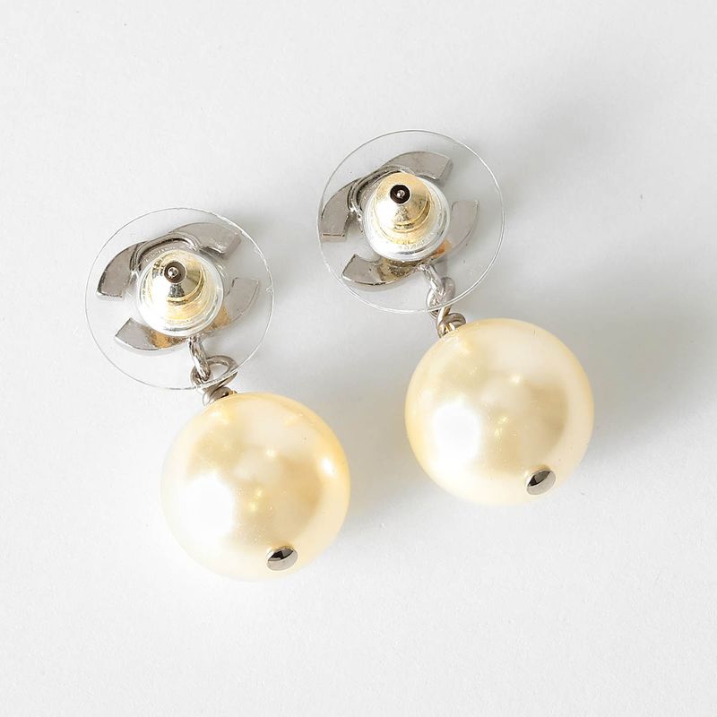 Chanel Earrings Faux Pearl Earrings Silver