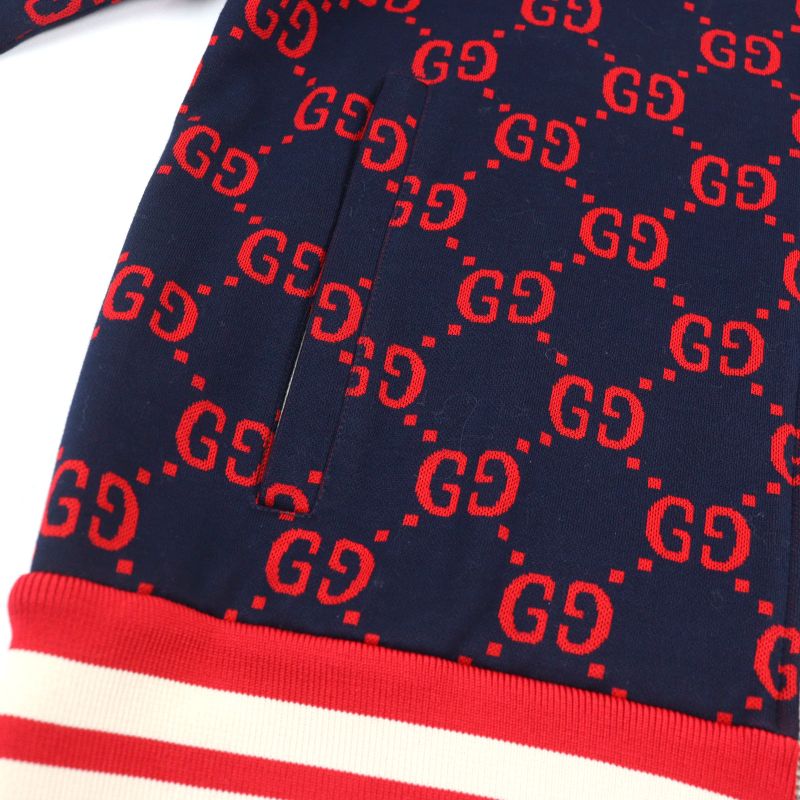 Gucci 496919 100% Cotton GG Jacquard Logo Zip Sideline Track Jacket Navy Red