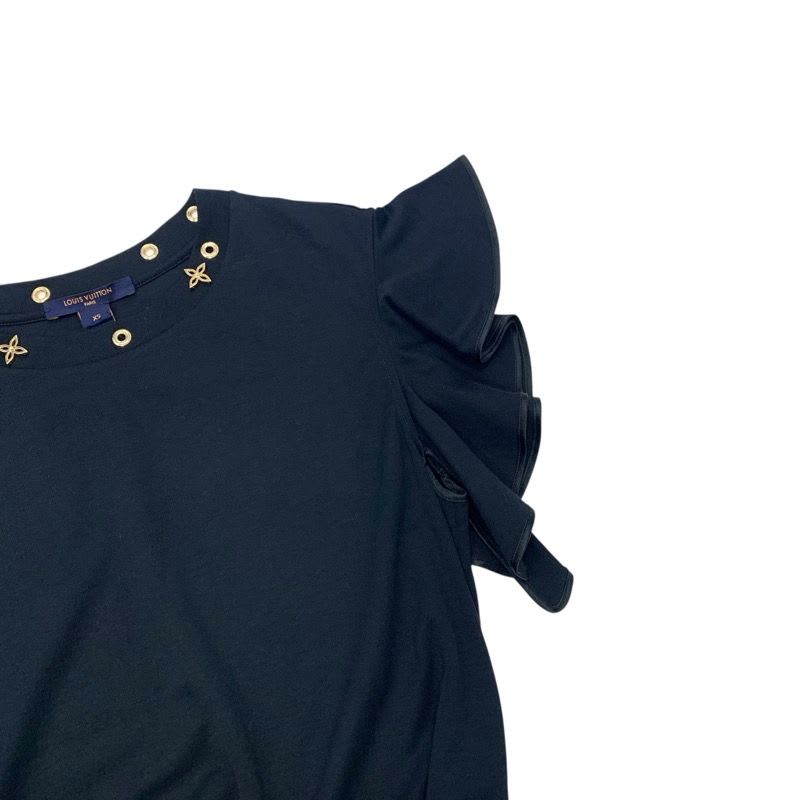 Louis Vuitton Dress Cotton Black Gold Monogram Flower Ruffle