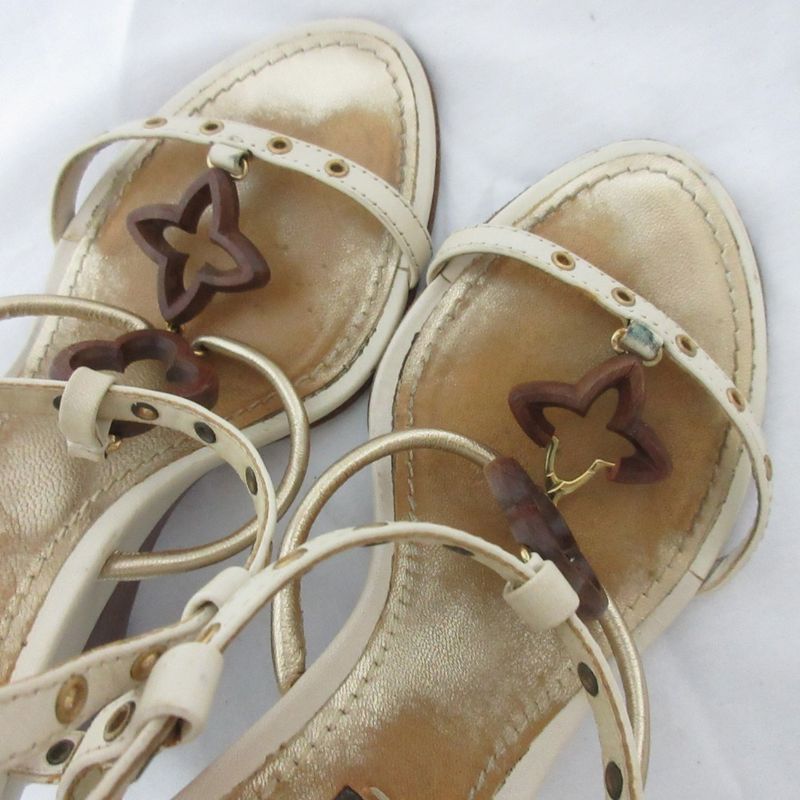 Louis Vuitton Leather Monogram Flower Strap Wedge Sole Sandals Small Size 34
