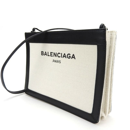 Balenciaga Shoulder Bag Navy Pochette 390641 Canvas Leather Ivory Black Casual