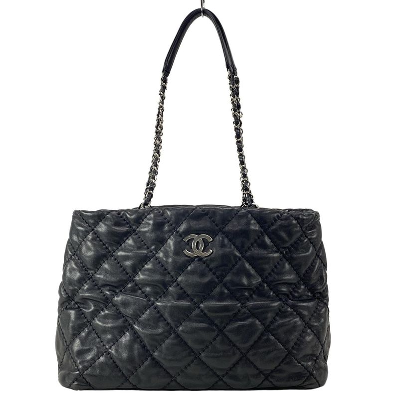 Chanel Tote Bag Wild Stitch Black Chain Shoulder/silver Hardware Leather