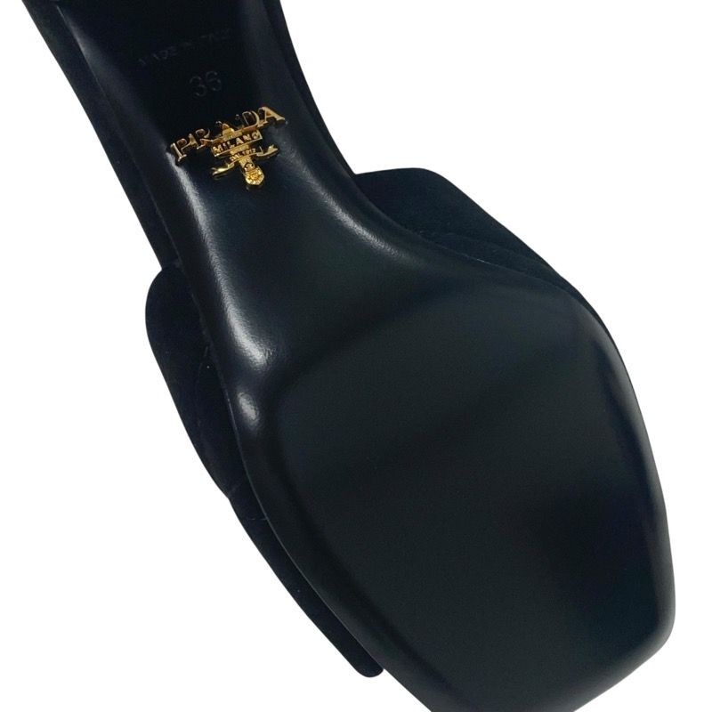 Prada Sandals Shoes Suede Leather Black Unused Logo Velvet Mules
