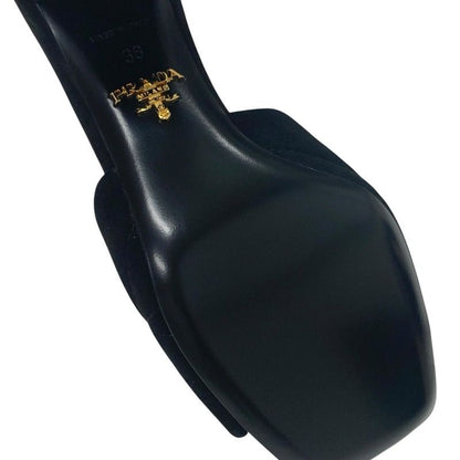 Prada Sandals Shoes Suede Leather Black Unused Logo Velvet Mules
