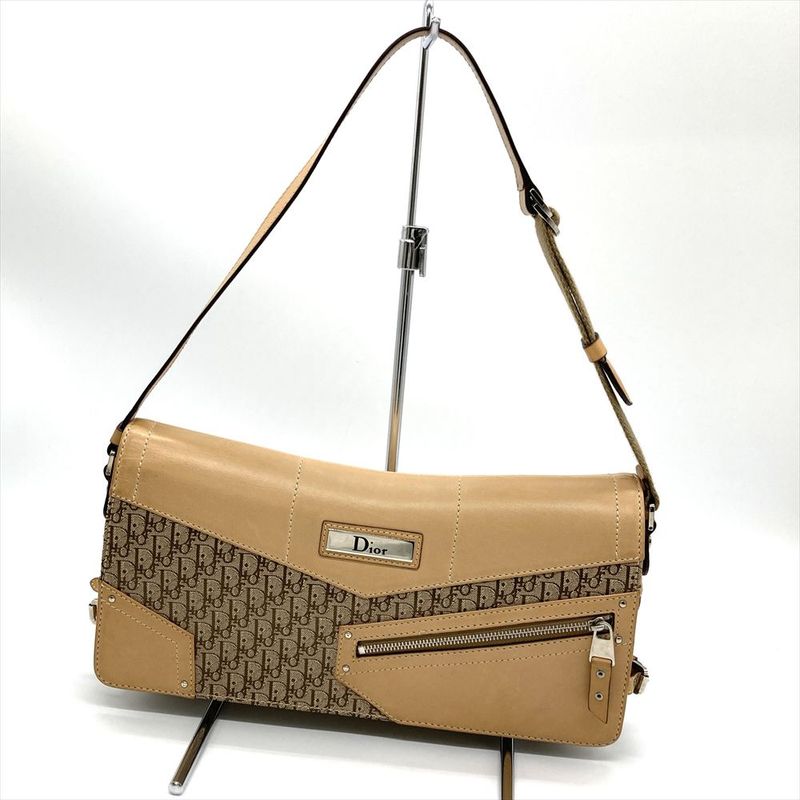 Dior Street Chic Shoulder Bag Leather Beige Silver Hardware Women's
