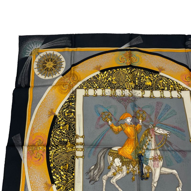 Hermes Carree 90 FEUX D'artifice Artisanal Fire Silk Scarf Black