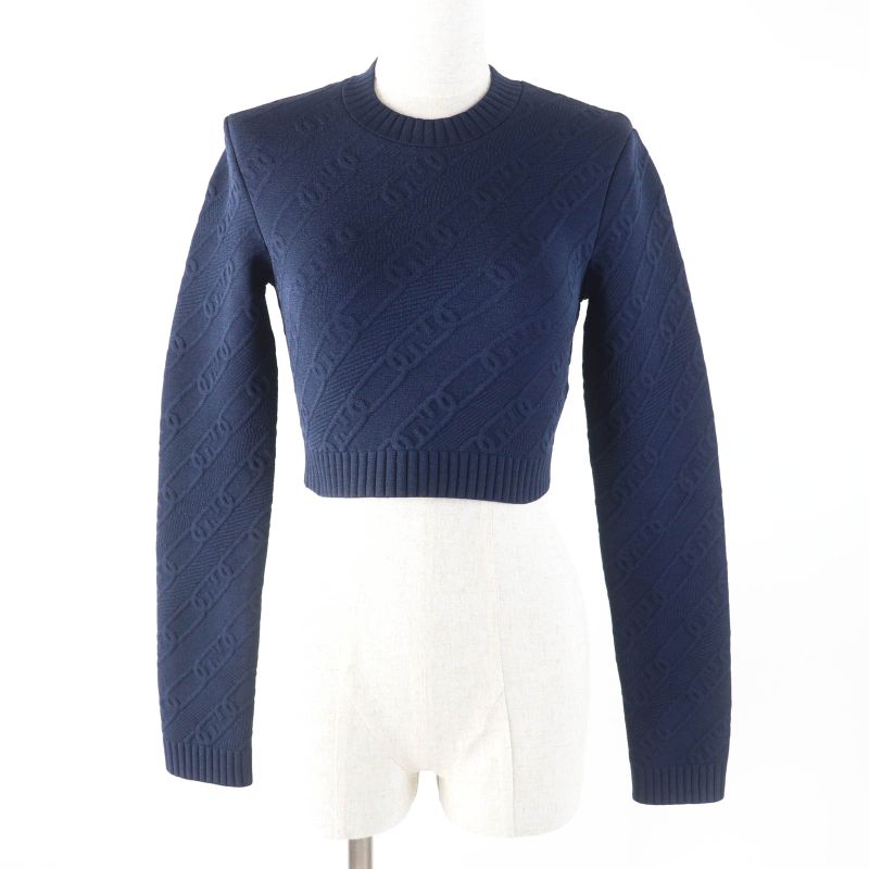 Fendi 2022 Fzx831 FF Logo Crewneck Cropped Long Sleeve Knit Navy 40 Made In