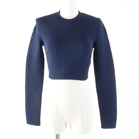 Fendi 2022 Fzx831 FF Logo Crewneck Cropped Long Sleeve Knit Navy 40 Made In
