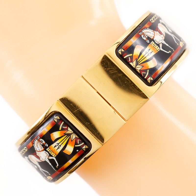 Hermes Roque Emile Cloisonne Horse Pattern Bangle Gold Plated Black Ladies