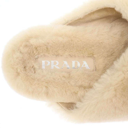 Prada Logo Plate Sheepskin Fur Sandals Beige 36