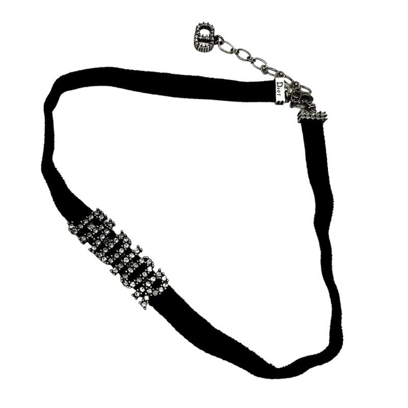 Christian Dior Ja Necklace Pendant Choker Black Silver Velvet Rhinestone