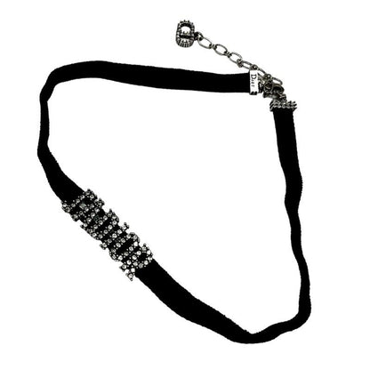 Christian Dior Ja Necklace Pendant Choker Black Silver Velvet Rhinestone