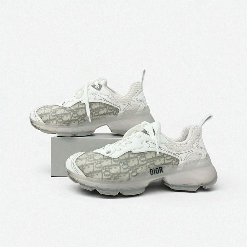 Christian DIOR Vibe Sneakers Shoes Leather Rubber Fabric White Gray Logo