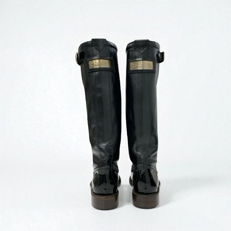 Chanel Boots Long Boots Shoes Leather Patent Black Gold Logo