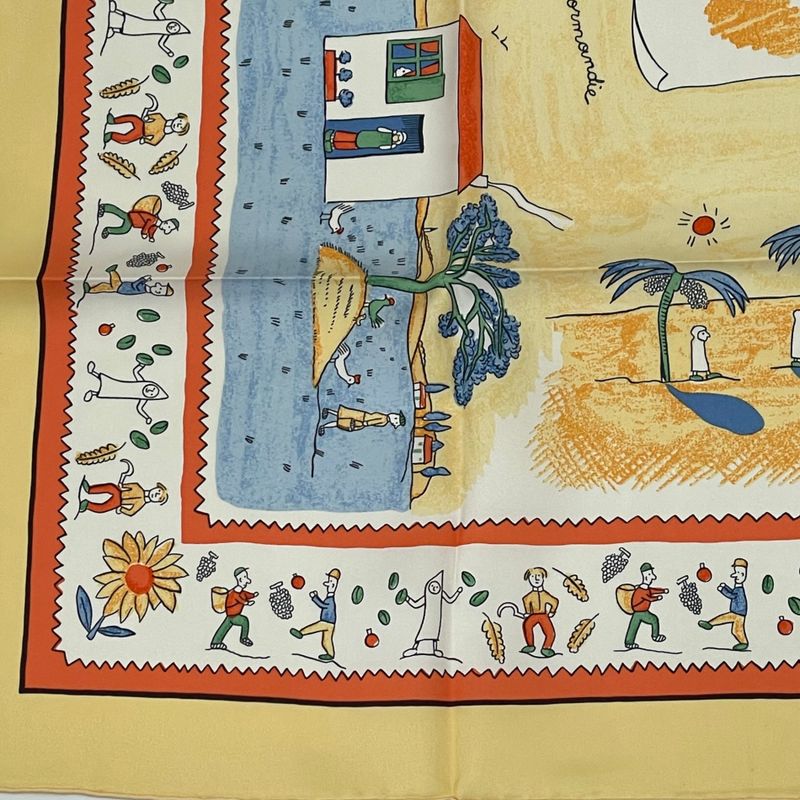 Hermes Carre 90 RE TOUR A LA Terre Back Home 100% Silk Scarf Yellow