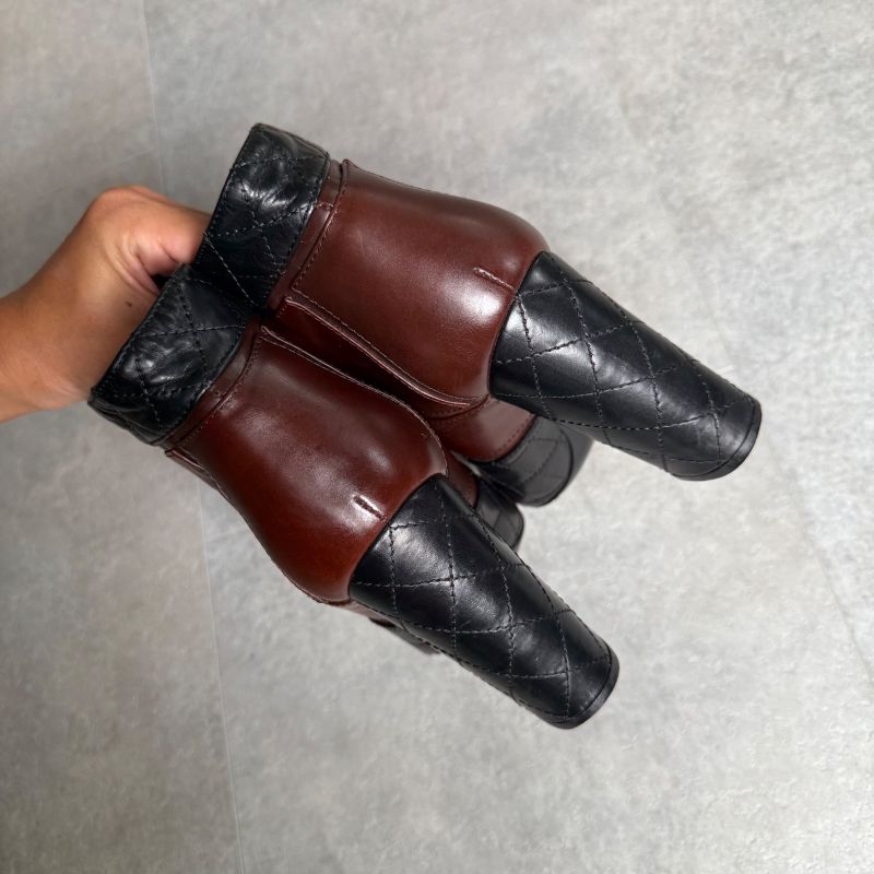 Chanel Matelasse Coco Mark Zip Up Boots Leather Brown Black Bicolor 37c 24cm