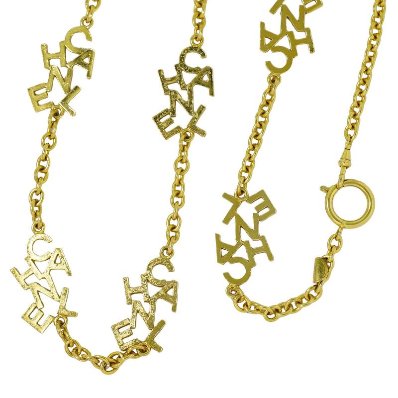 Authentic Chanel Logo Long Necklace Pendant GP Gold Plated Accessories Jewelry