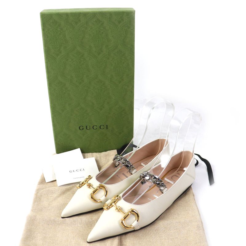Gucci 621161 Leather Horsebit Pointed Toe Flat Pumps With Chain Ivory Gold And