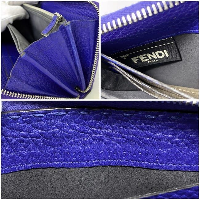 Fendi Round Zipper Long Wallet Blue Selleria Wallet Leather Preowned