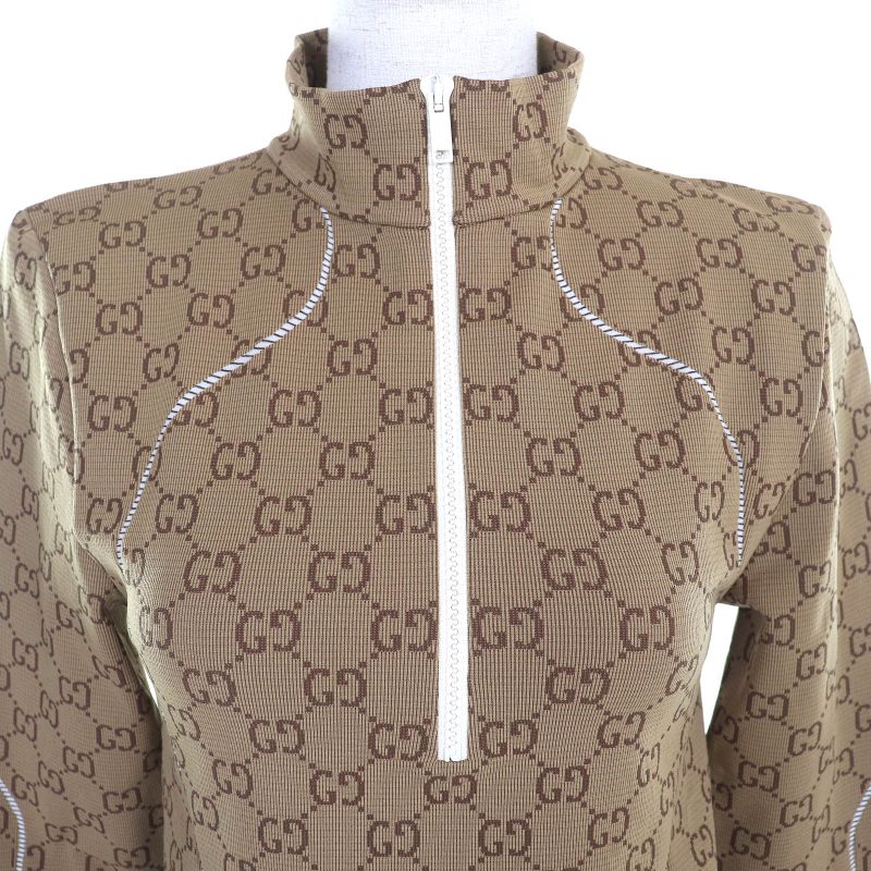 Gucci 23SS 715524 GG Pattern Half Zip Cropped Jersey Long Sleeve Top Brown M