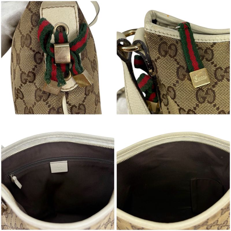 Gucci Shoulder Bag GG Canvas Sherry Line Ribbon Brown White Leather Crossbody