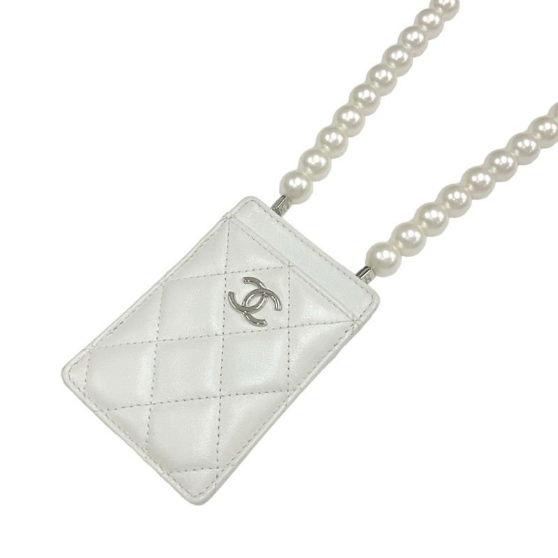 Chanel Card Case Card Holder Pass Case White Silver Coco Mark Charm Matelasse