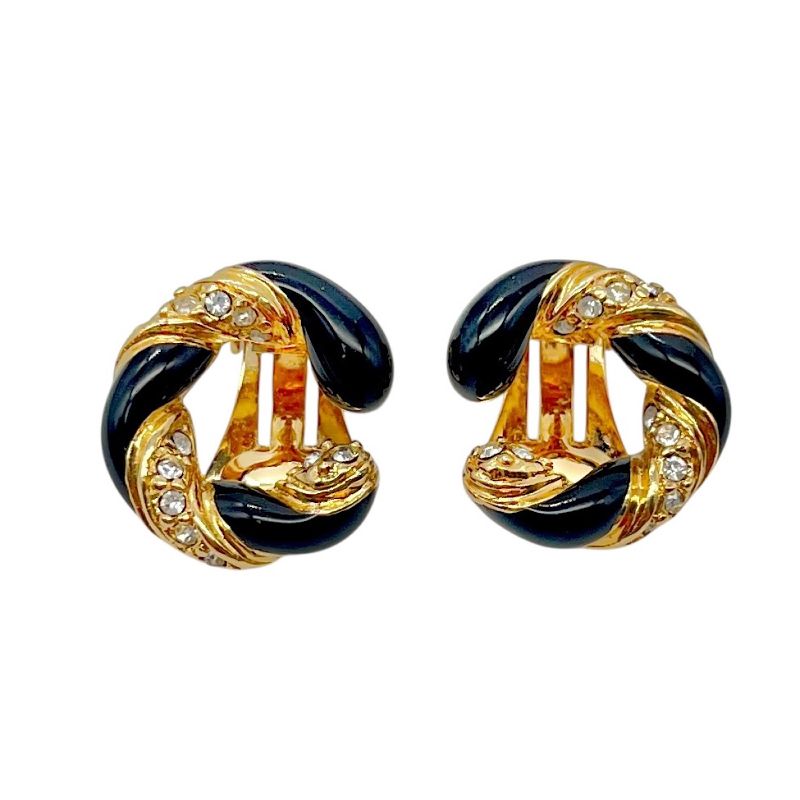 Christian DIOR Earrings Metal Black Stone Rhinestone Twisted Gold