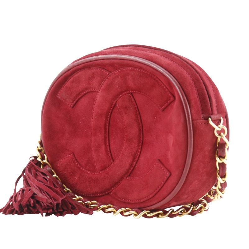 Chanel Coco Mark Chain Pochette Vintage Fringe Suede Red Ladies Shoulder Bag