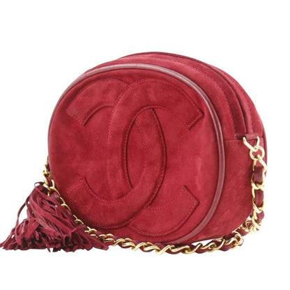 Chanel Coco Mark Chain Pochette Vintage Fringe Suede Red Ladies Shoulder Bag