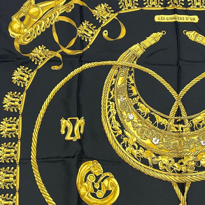 Hermes LES Cavaliers D'OR Golden Knight Scarf Silk Gold And Black