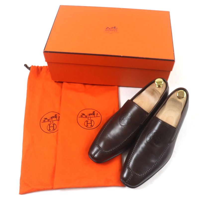Hermes Logoed Square Toe Leather Shoes Loafers Dark Brown 40 With Box And